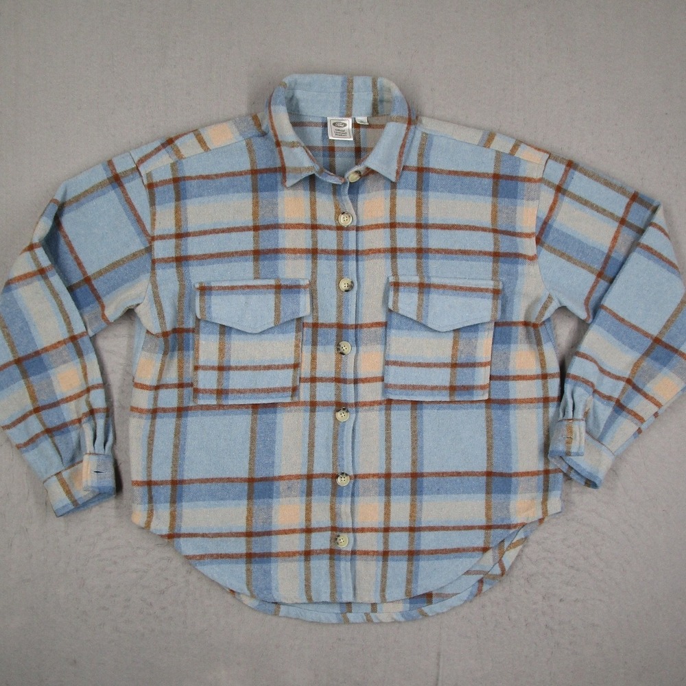 Ford Bronco Womens Blue Plaid Flannel Shacket Graphic Butterfly Button Up SM